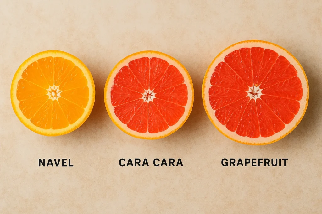 Comparison of Cara Cara orange vs Navel vs Grapefruit showing size and color differences.
