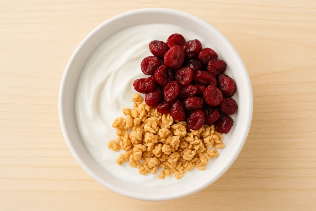 A healthy yogurt bowl topped with dried cranberries, illustrating how cranberries can support healthy digestion.