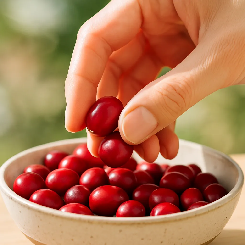 Hand gently picking fresh cranberries, highlighting their natural antioxidant properties.