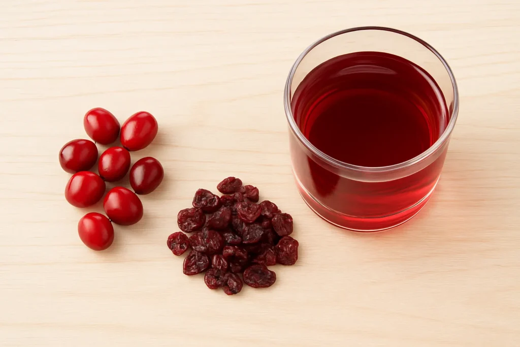 A colorful flat lay of fresh, dried cranberries, and a glass of cranberry juice, illustrating healthy cranberry benefits.