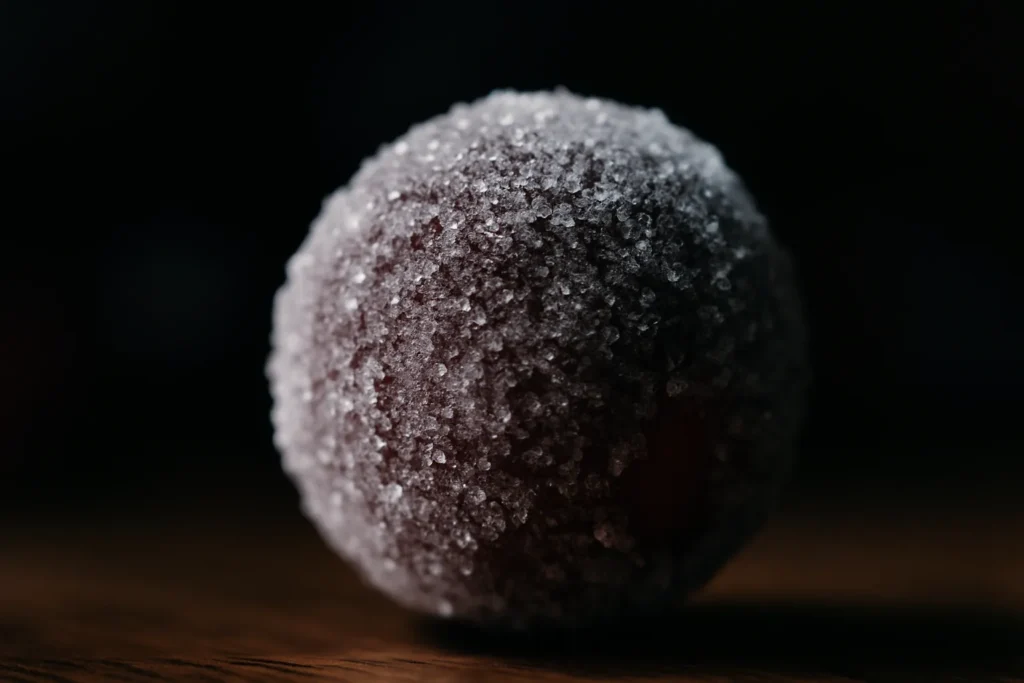 Close-up of a perfectly crunchy sugared cranberry, highlighting its crisp coating.