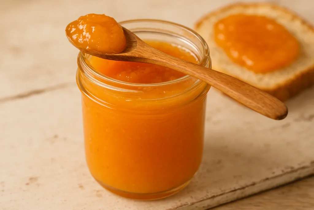 A glass jar of homemade persimmon cinnamon jam, with a spoonful of jam on a piece of toast nearby.