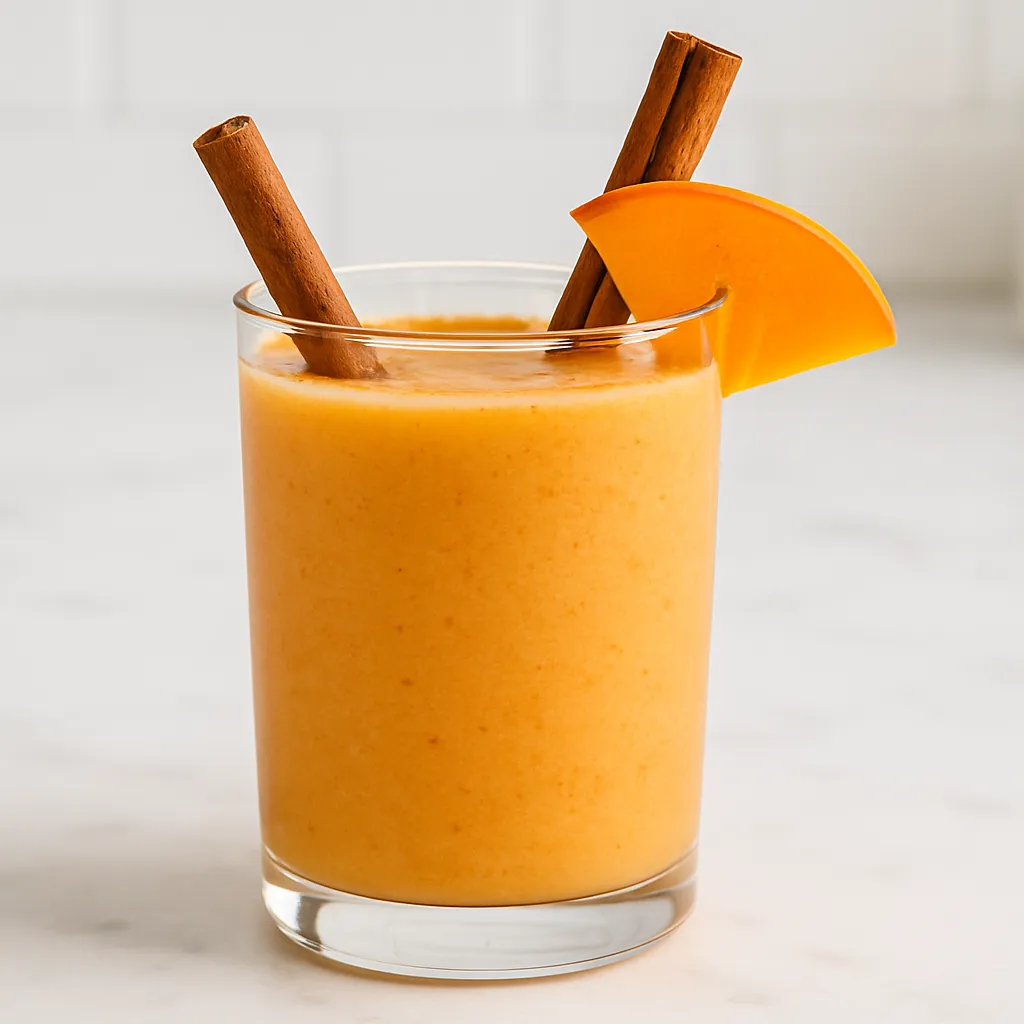A tall glass of creamy orange persimmon spice smoothie, garnished with a cinnamon stick.