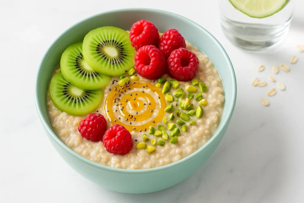 Healthy oatmeal bowl with kiwi and raspberries, a recipe for a flat stomach