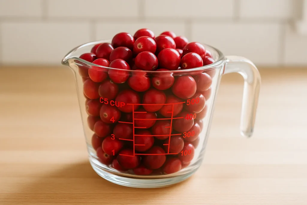 Fresh cranberries in a measuring cup, ready for rinsing.