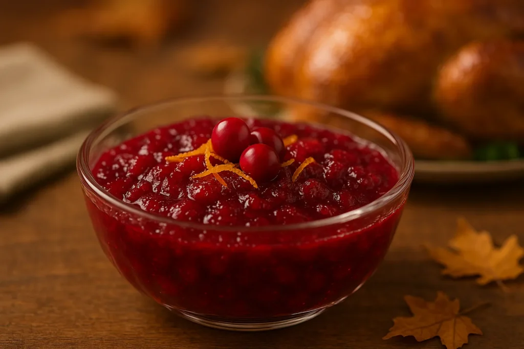 A glass bowl of fresh homemade cranberry sauce with orange zest, ready for Thanksgiving dinner.