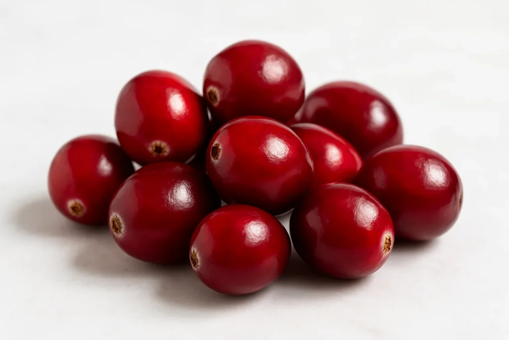 A close-up of firm, plump, and fresh cranberries, illustrating how to buy the best quality.