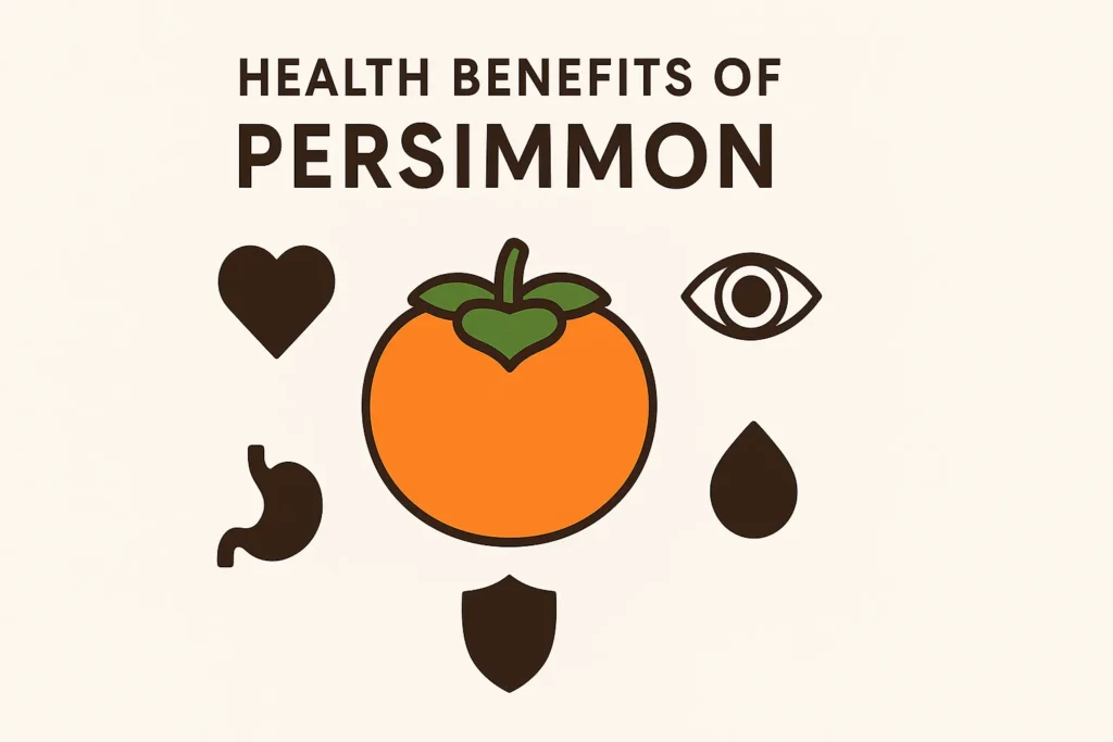 Infographic illustrating the top 5 health benefits of persimmons including heart health, vision, and digestion.