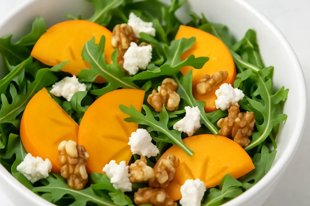 A beautiful salad bowl of arugula, Fuyu persimmon slices, goat cheese, and toasted walnuts.