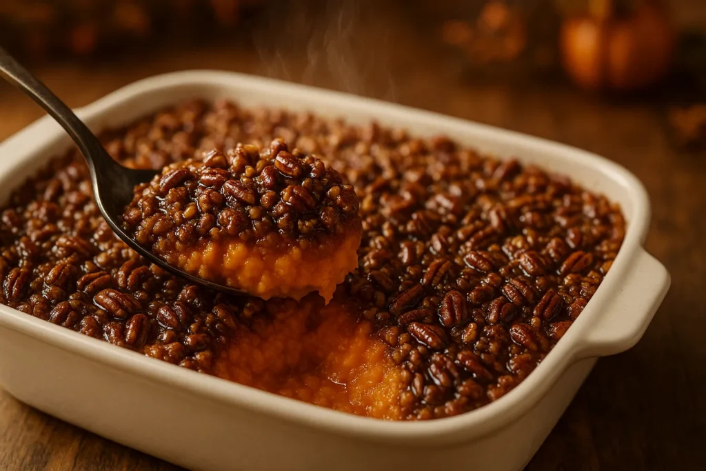 Close-up of a baked healthy sweet potato casserole with crunchy pecan topping and no marshmallows, ready for Thanksgiving dinner.