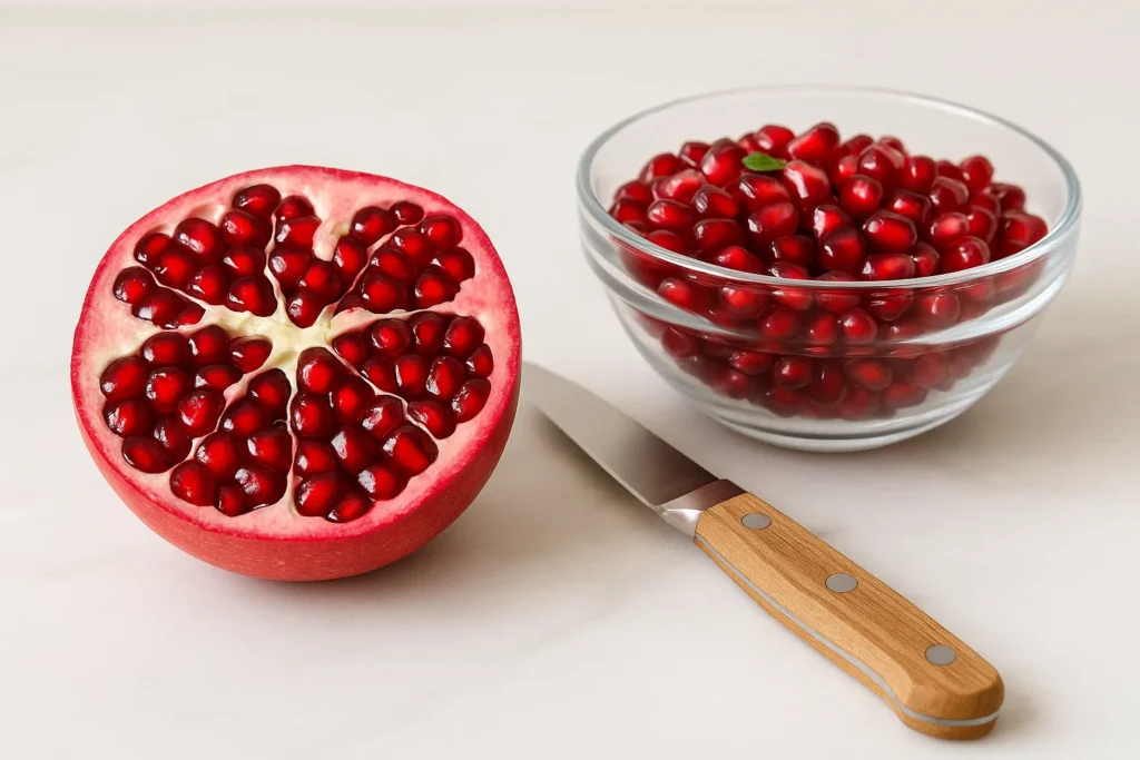 How to eat a pomegranate: A beautifully halved pomegranate with deseedsed arils, showcasing the ease of enjoying this fruit.