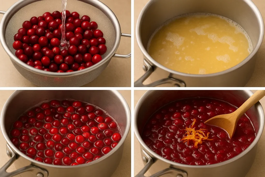 A 4-step collage showing how to make cranberry sauce: rinsing, simmering sugar, cranberries popping, and stirring in orange zest.