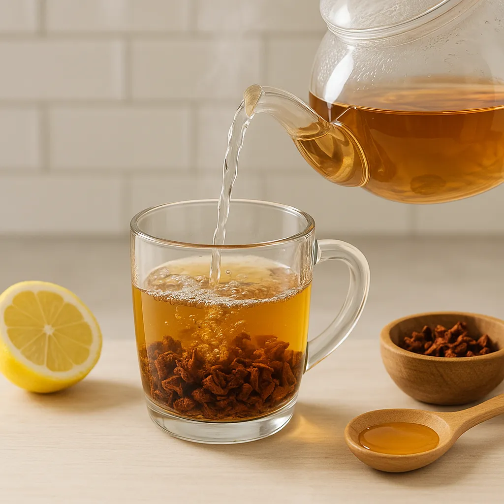 Brewing dried pomegranate flower tea with hot water.