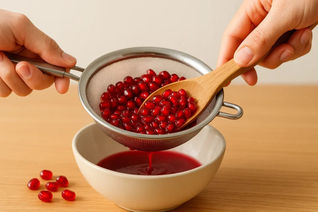 Making fresh pomegranate juice at home using a strainer and spoon.