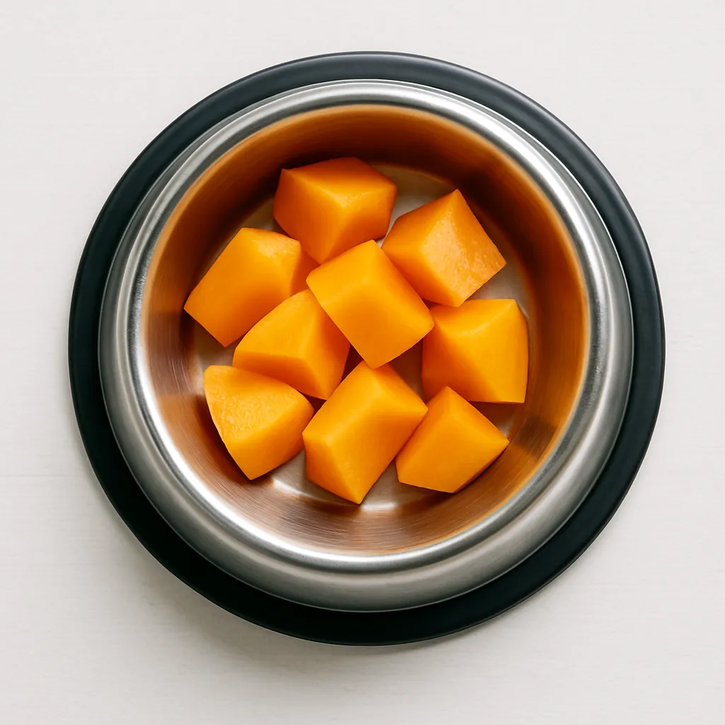 A small, safe portion of sliced, seedless persimmon pieces in a bowl, prepared as a safe treat for a dog.