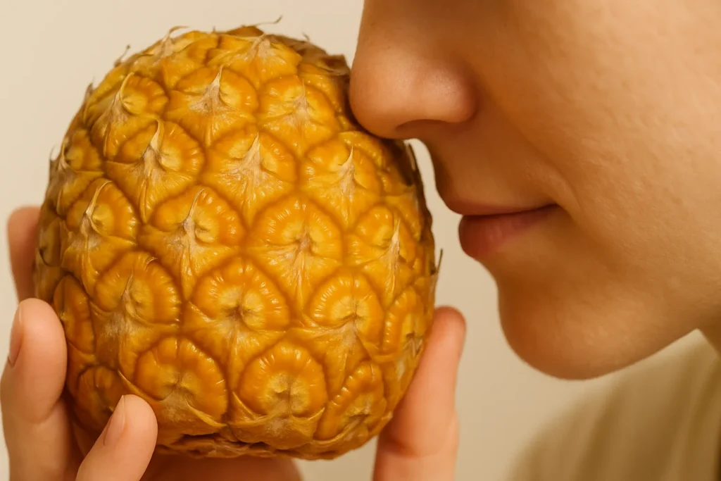 Checking a fruit during pineapple season to see if it is ripe by smelling the base.