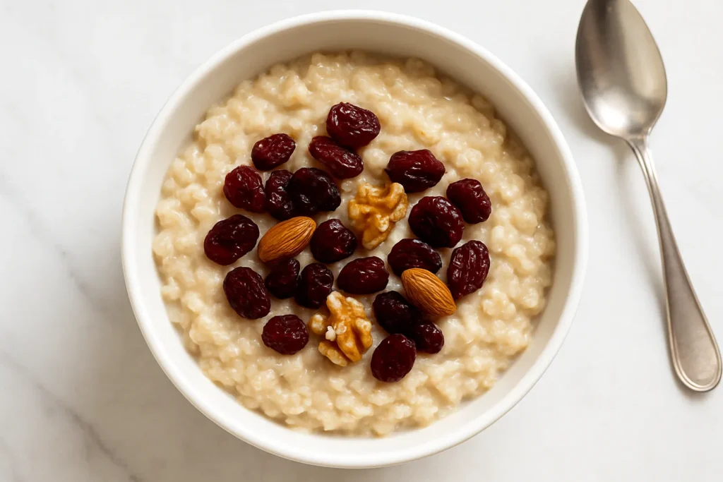 A healthy bowl of oatmeal topped with dried cranberries, showing an easy way to use them.