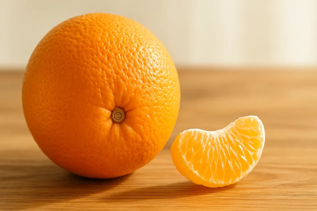 Close up of the navel of an orange, showing the characteristic belly button shape.