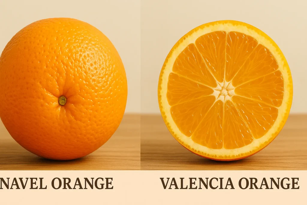 Comparison between Navel orange vs Valencia orange to show skin thickness and seeds.