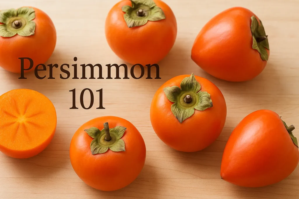 Fresh Fuyu and Hachiya persimmon fruits on a table, featuring the text Persimmon 101: The Ultimate Guide to varieties and health benefits.