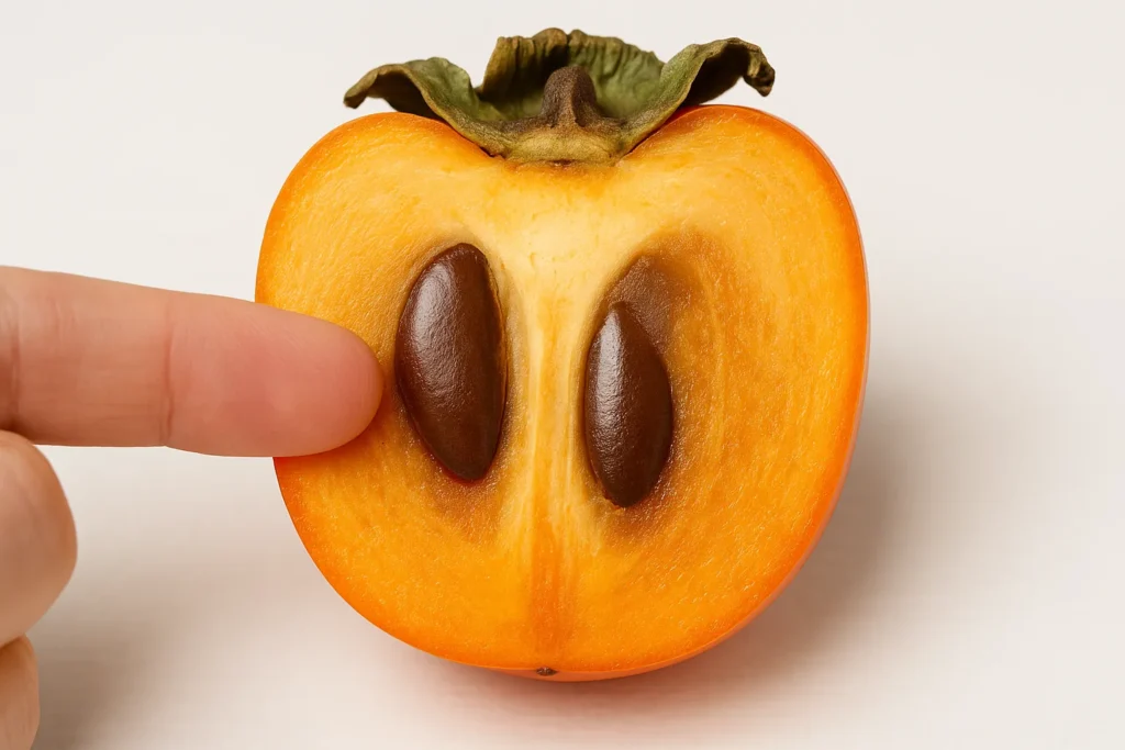 Close-up of persimmon seeds and pits which are dangerous and can cause intestinal blockage in dogs.