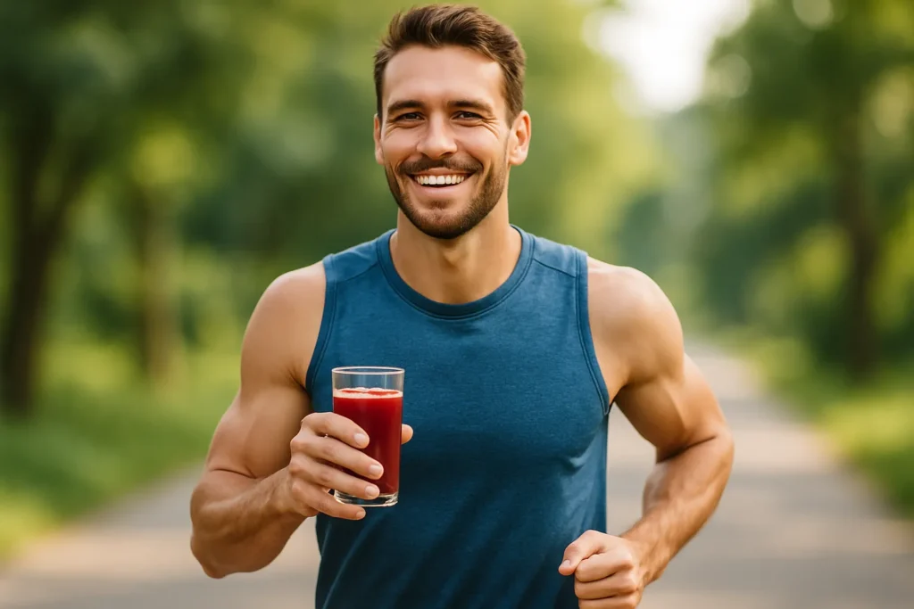 Healthy lifestyle concept illustrating pomegranate juice benefits for men and blood flow.