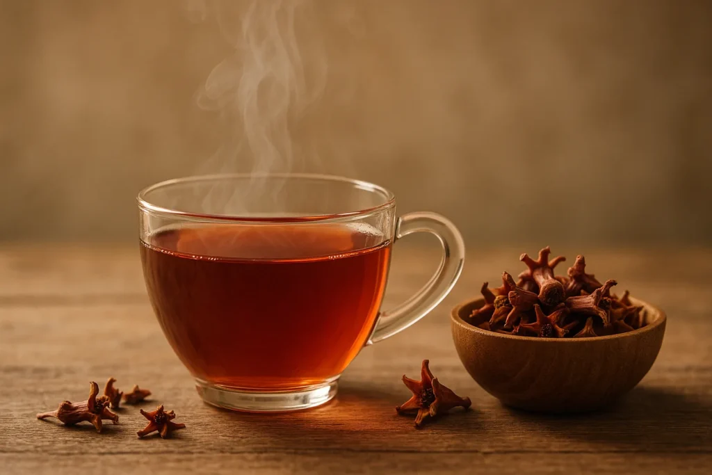 Hot pomegranate flower tea in a glass cup with dried flowers.