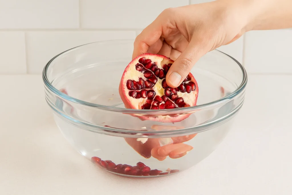 The water method for deseeding a pomegranate, showing arils separating underwater for a mess-free process.