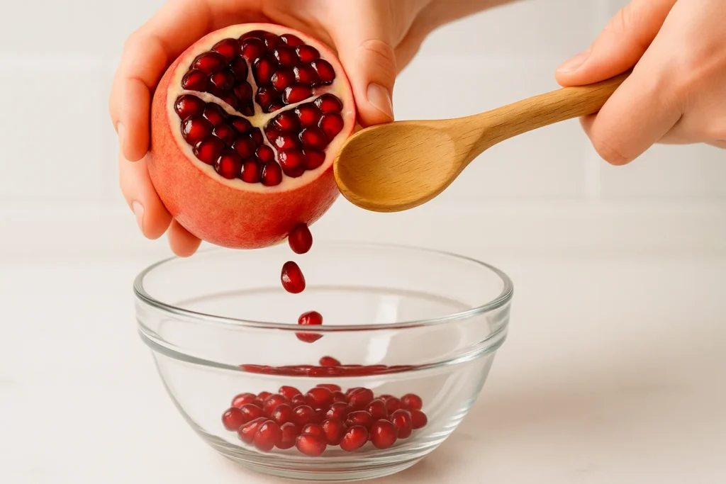 Using a wooden spoon to quickly deseed a pomegranate, a fast method for easy eating.