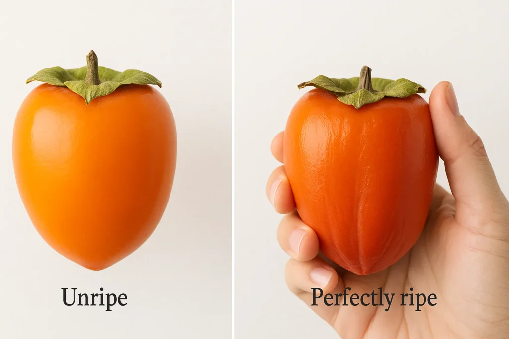 Comparison of an unripe, firm Hachiya persimmon next to a perfectly ripe, soft Hachiya persimmon.