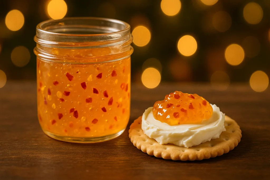 Homemade Satsuma pepper jelly with chili flakes served on cream cheese and crackers