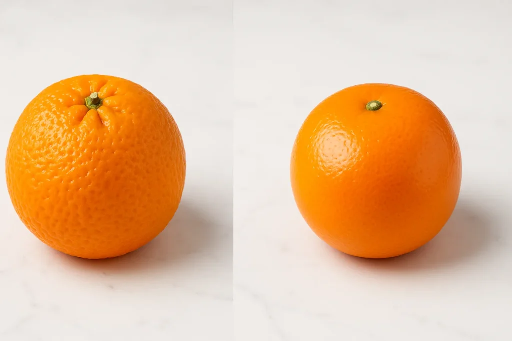 Side-by-side visual comparison showing the skin texture difference between a Satsuma and a Clementine
