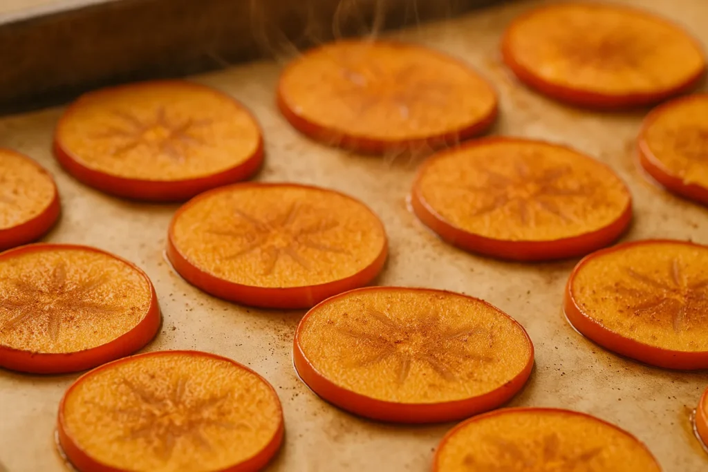 Warm, caramelized baked Fuyu persimmon slices, lightly dusted with cinnamon, arranged on a baking sheet