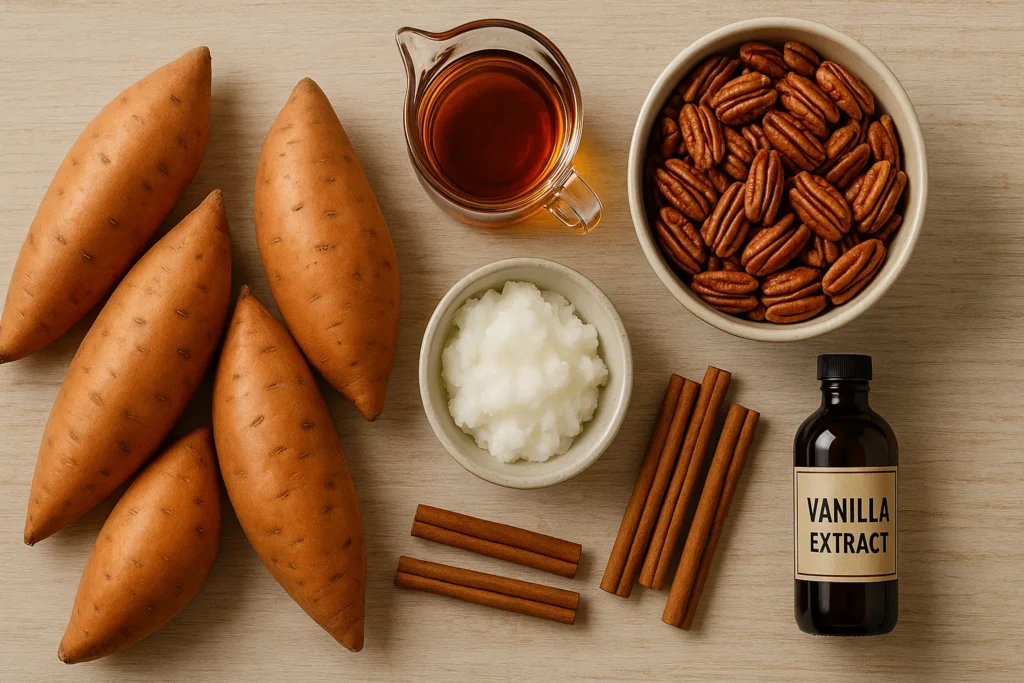 Fresh ingredients for healthy sweet potato casserole including raw sweet potatoes, pure maple syrup, pecans, and cinnamon on a wooden table.