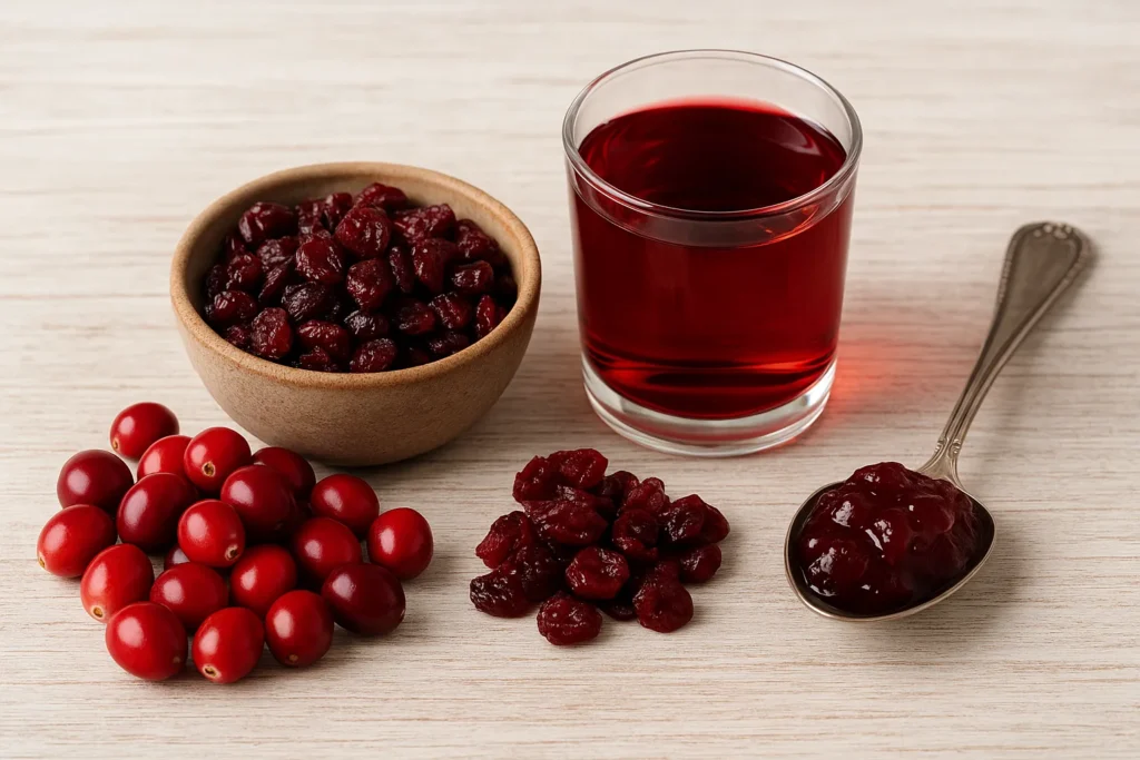 The ultimate guide to cranberries, showing fresh berries, dried, juice, and sauce forms.