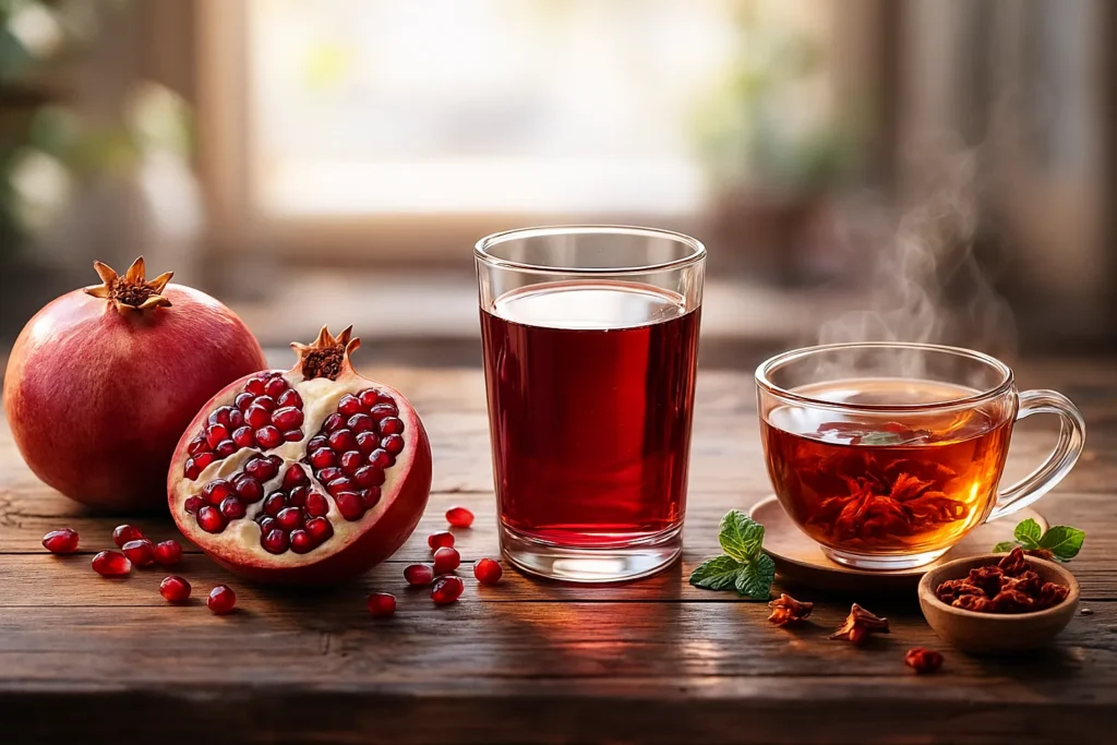 The ultimate guide to pomegranates, featuring fresh fruit, juice, and flower tea.