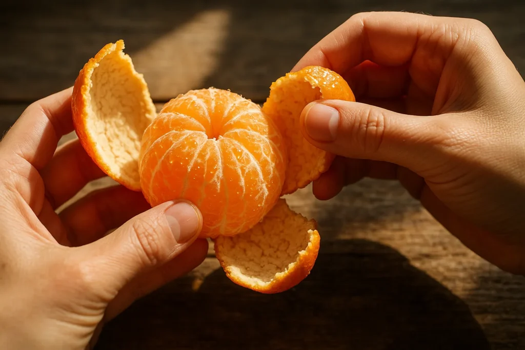 Hands peeling a fresh Satsuma mandarin showing the loose zipper-skin and juicy seedless segments